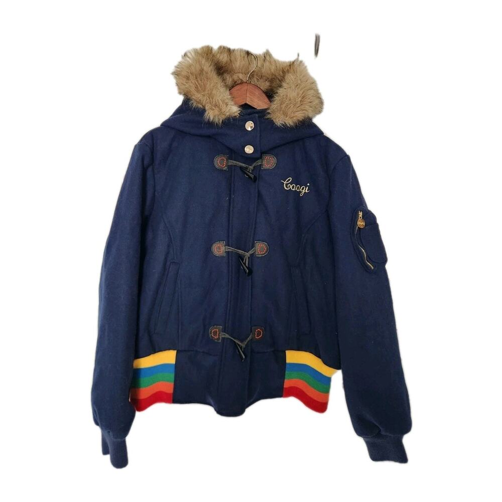 Coogi Women's Logo Rainbow Full Zip Navy Wool Varsity Jacket Fur Hood Size XXL - Picture 2 of 13